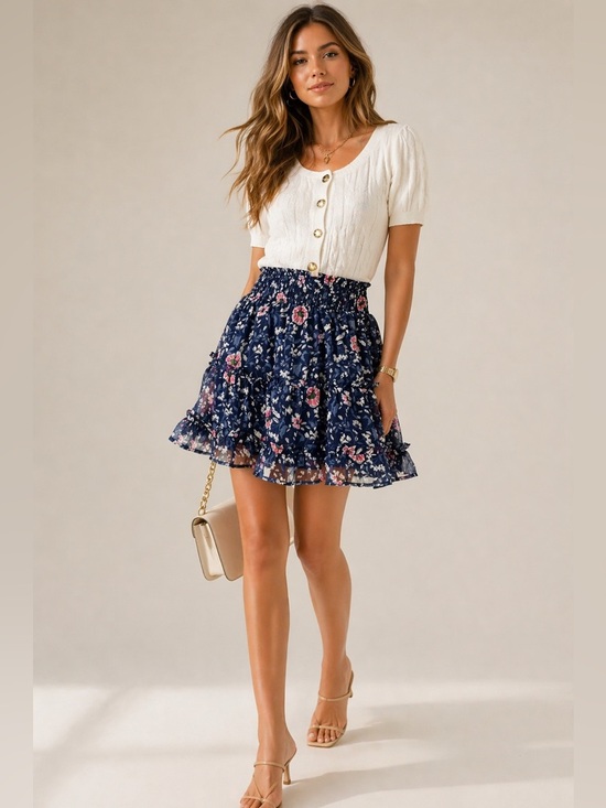 Vineyard Vines Dresses & Skirts - Vineyard Vines Navy Feminine Floral Smocked Waist Tiered Mini Skirt Sz M Preppy